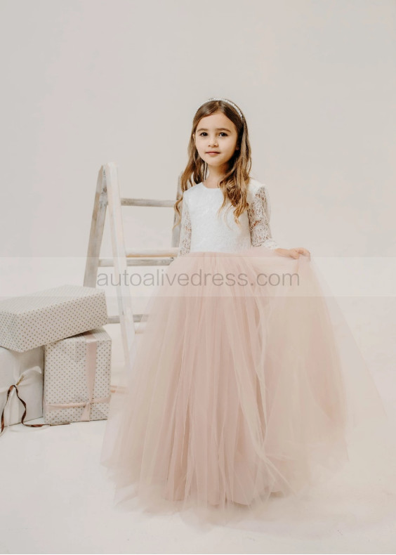 Ivory Lace Dusty Pink Tulle Wedding Party Flower Girl Dress